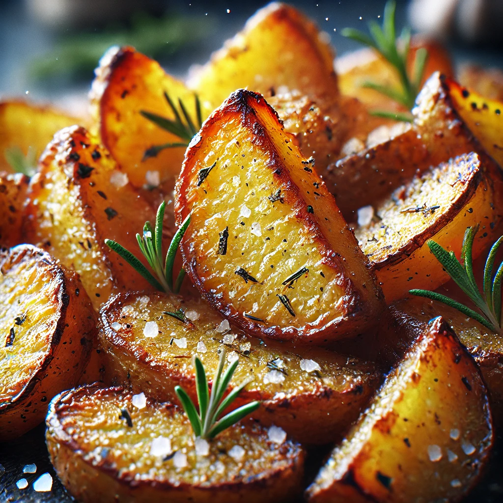 Here is a hyper-realistic image of crunchy, golden-brown roasted potatoes, highlighting their crispy texture and seasoning details.