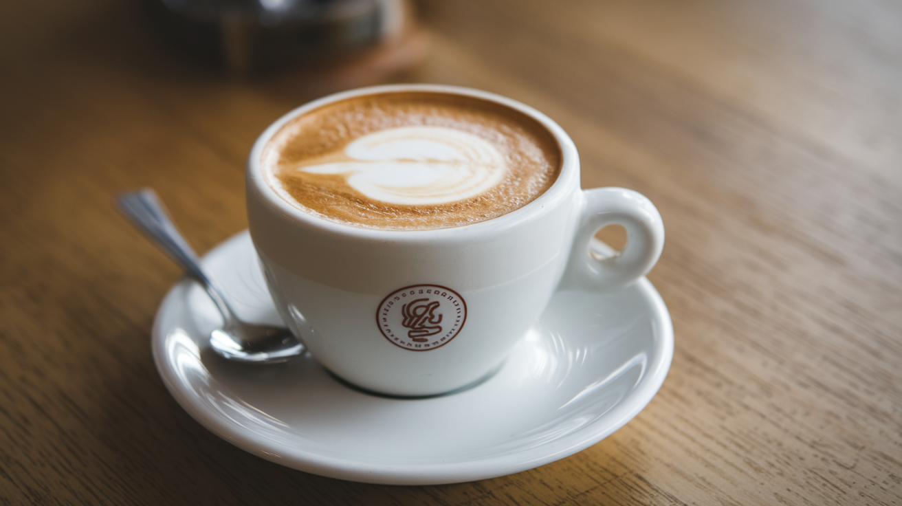 A photo of a caffè lungo, a type of espresso drink, in a white ceramic cup. The lungo is served with a small amount of frothy milk on top. The background is a wooden table and there's a teaspoon next to the cup. The lighting is soft