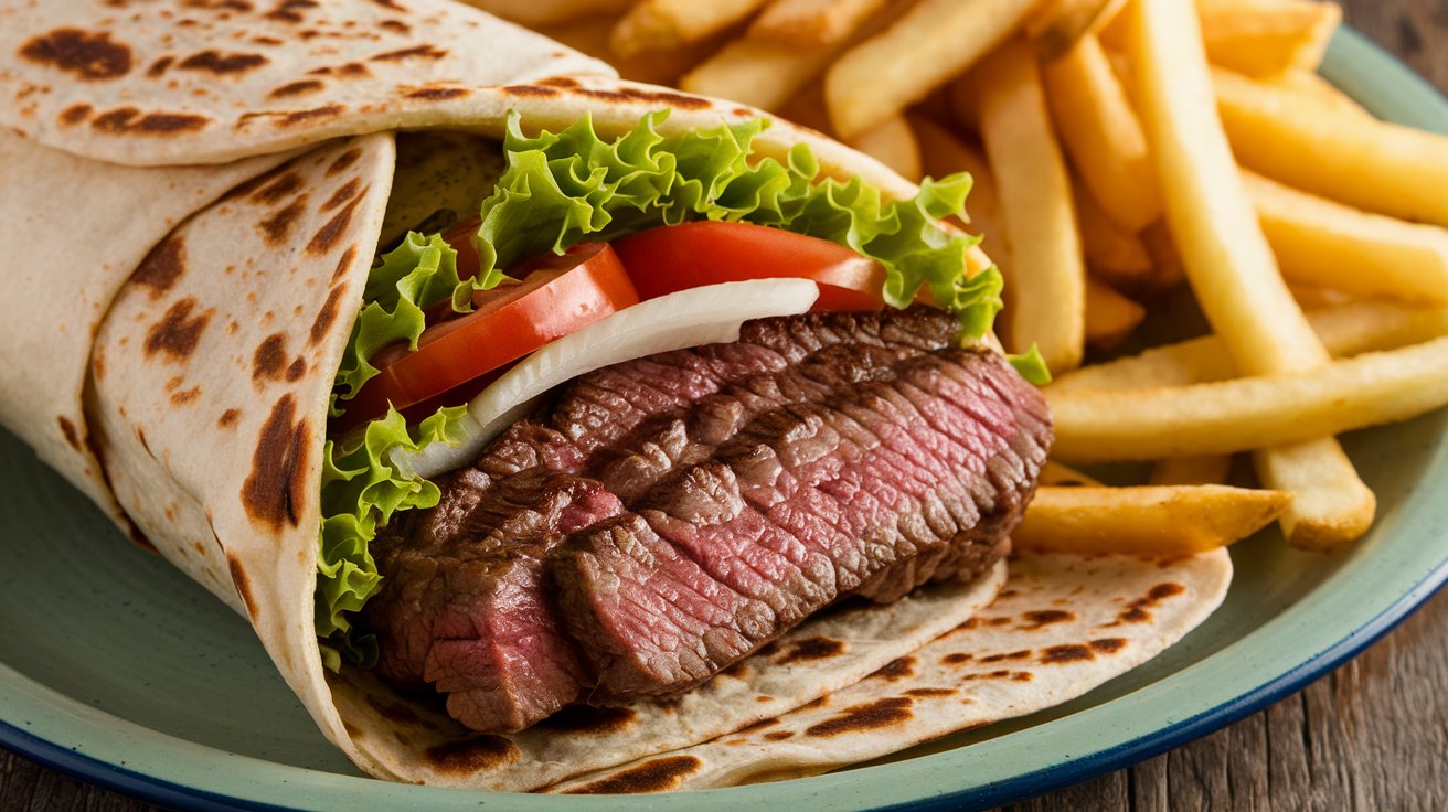 A photo of a steak wrap, which is a steak sandwich wrapped in a flatbread. There is a juicy steak in the middle, with lettuce,tomatoes, and onions. The wrap is served on a plate, with a side of french fries.