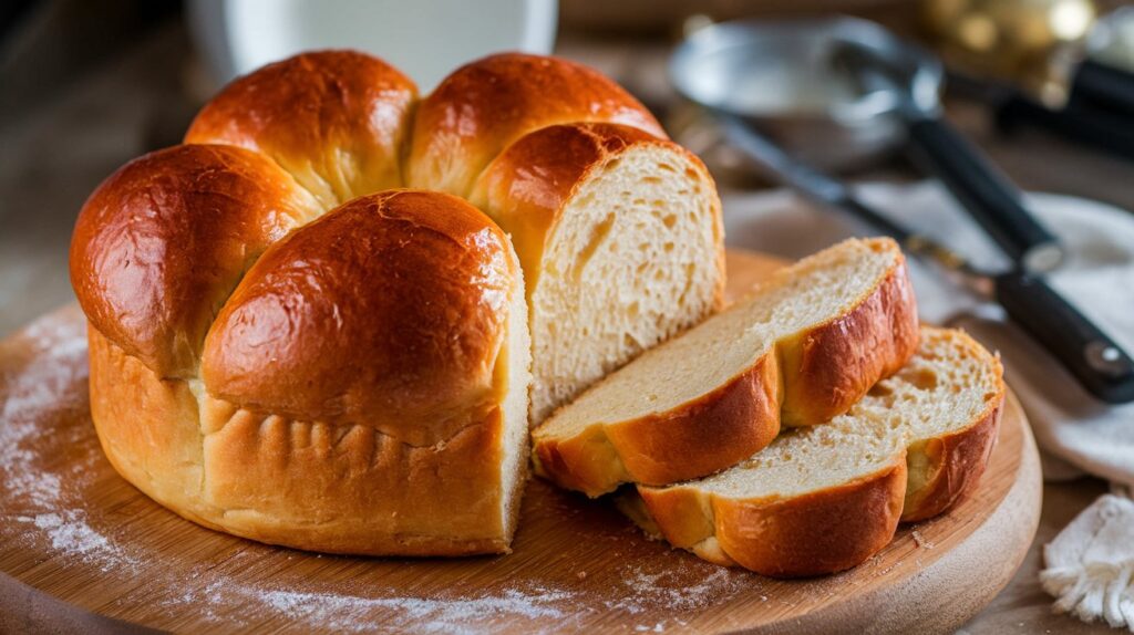 A photo of a golden brown brioche loaf on a wooden board. The brioche has a glossy finish and a few slices are taken out, revealing thesoft, flaky interior. There's a dusting of flour on the board. The background is blurred and consists of cooking utensils and ingredients.