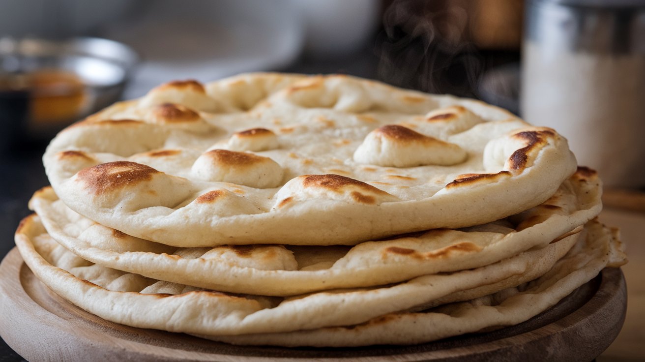 A photo of a stack of freshly baked naan bread. The naan is golden brown with a few holes and is placed on a wooden board.There's a slight steam rising from the naan. The background is blurred and contains a bowl of something and a container.