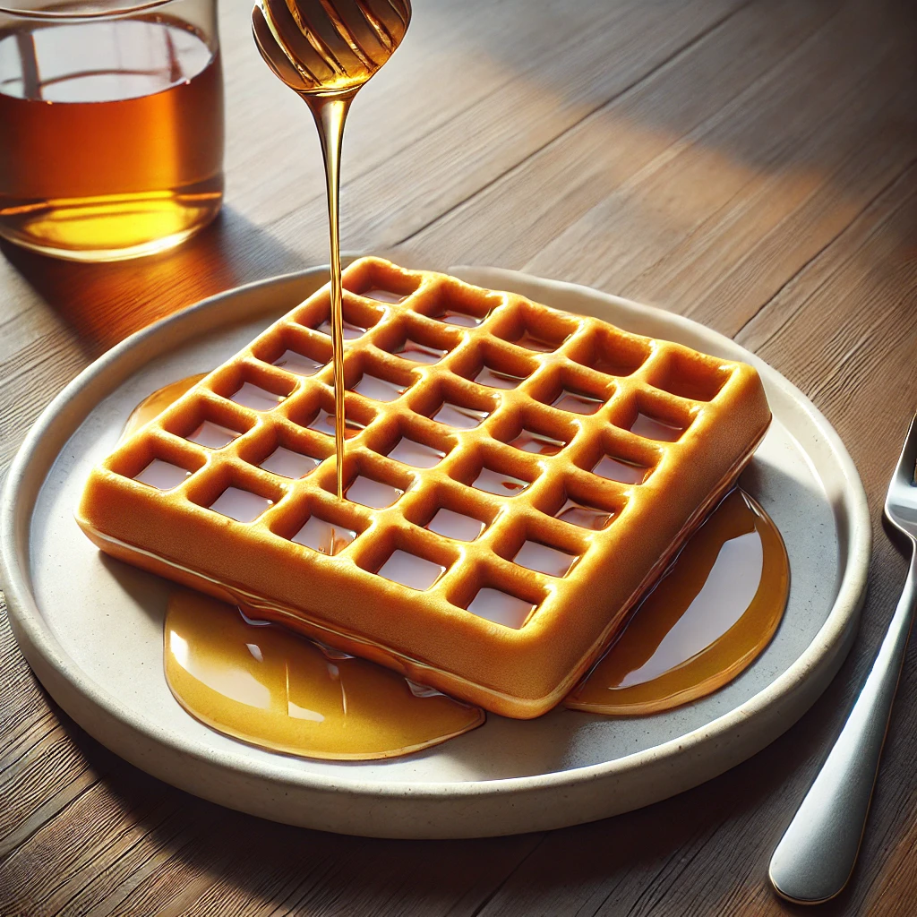 Here is the hyper-realistic image of a waffle drizzled with honey as requested. Let me know if you'd like any adjustments!