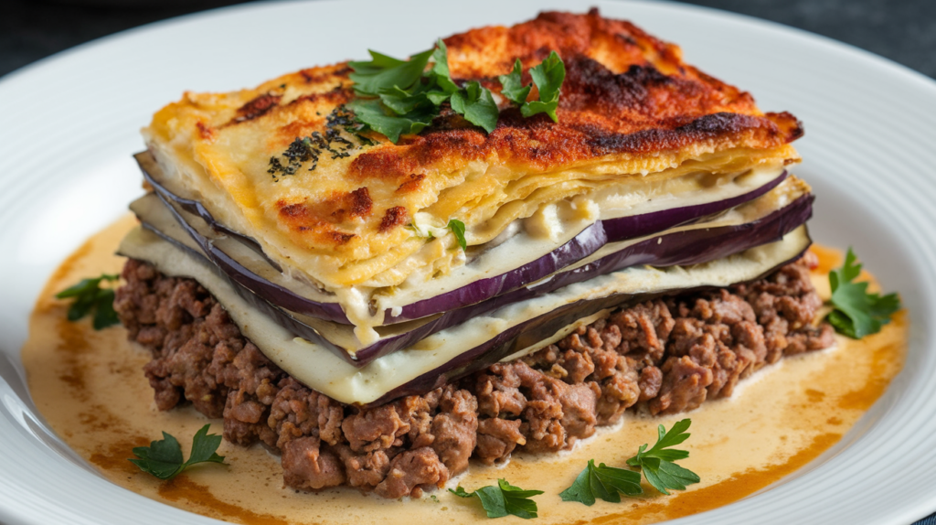 Moussaka is a traditional Greek dish consisting of layers of eggplant (aubergine), potatoes, ground meat sauce, and a rich béchamel sauce. Often described as a Mediterranean lasagna, this dish is flavorful, comforting, and perfect for feeding a crowd.