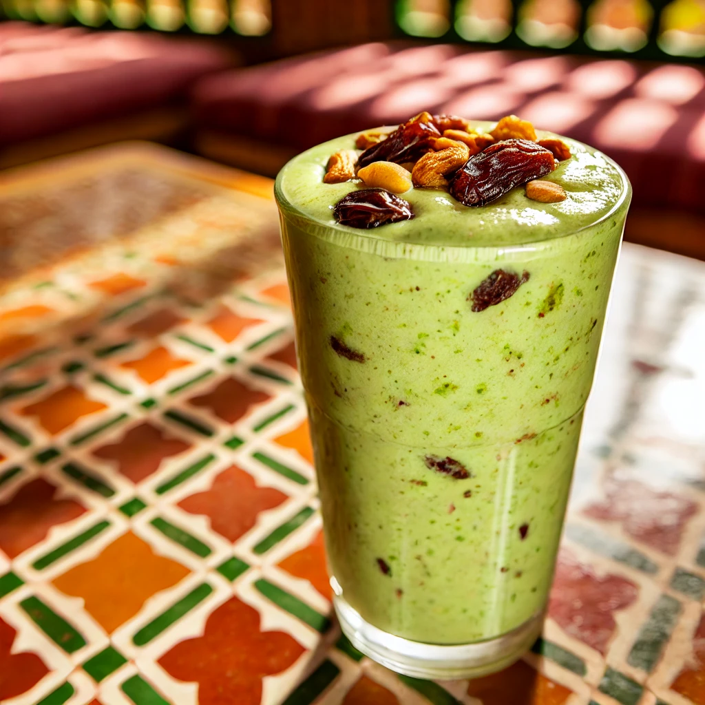 A hyper-realistic image of a traditional Moroccan smoothie called Zaazaa. The smoothie is served in a tall, transparent glass showing the smooth and creamy texture of the blend made from avocado, dates, raisins, nuts, and milk. The drink has a vibrant green hue from the avocado and is topped with a garnish of finely chopped nuts and dried fruits, giving a rich texture to the top layer. The table is designed in traditional Moroccan patterns, with warm natural lighting to enhance the smoothie’s glossy and inviting appearance, creating a cozy and authentic kitchen atmosphere.