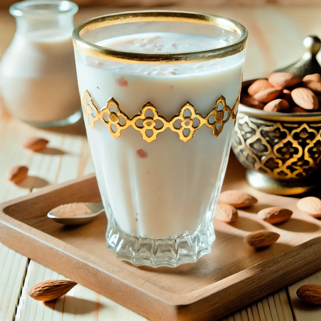 A highly realistic and appetizing image of traditional almond milk, also known as sharbat, served in an elegant Moroccan-style glass. The milk is a creamy white color with finely ground almonds visible inside, giving it a rich and natural appearance. The glass is adorned with intricate Moroccan patterns and is placed on a wooden tray surrounded by a few whole almonds, some almond powder, and a small honey jar for sweetness. The setting is warm and inviting, with soft natural lighting that highlights the creaminess of the almond milk and its refreshing, nutritious quality.